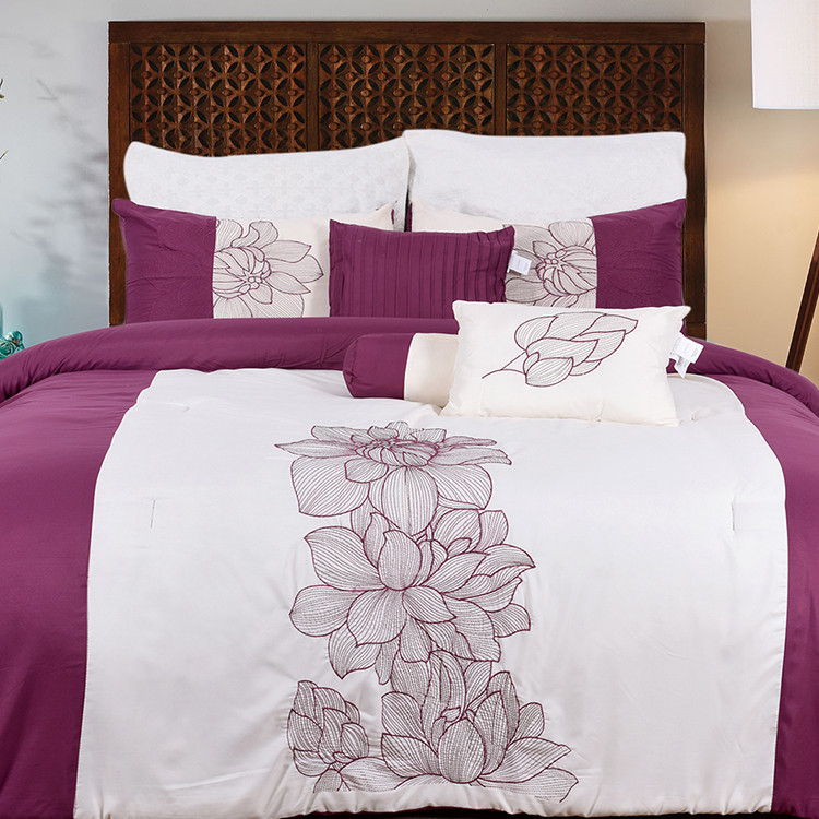 China wholesale custom soft polyester fabric wine red embroidered patch comforter set