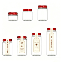 Vente en gros de pots en verre ergonomiques pour miel, confiture et sauce, écologiques, avec couvercle en plastique à torsion métallique profond, disponibles en 100ml, 180ml, 280ml, 380ml, 580ml, et pots droits.
