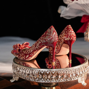 8777E-016 Pointed Toe Stiletto Heel Sequined Cloth Bridal Shoes <b>Red</b> With <b>Bow</b> Wedding Dress Pumps Super High 8cm Up - Product Image 1
