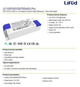 Controlador LED de Corriente Constante Aislado Lifud LF-GIF030YS0750H(S) Pro 30W 600-750mA con Interruptor DIP Ajustable 25-42V Sin Parpadeo - Product Image 2