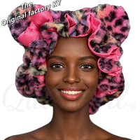 Bonnet de nuit en satin doublé imprimé léopard pour femme, bonnet de nuit en peluche avec oreilles d'animaux pour cheveux bouclés, tressés et naturels
