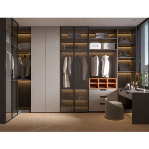 Armoire moderne personnalisée en bois avec portes coulissantes en verre organisateur de rangement de placard de chambre à coucher avec tiroirs pour maison et hôtel appartement - Product Image 2