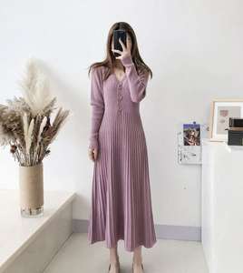 <span class=keywords><strong>Robe</strong></span> longue à manches longues à col en V de style français avec une taille cintrée <span class=keywords><strong>Robe</strong></span> de base en forme de A <span class=keywords><strong>Robe</strong></span> <span class=keywords><strong>pull</strong></span> pour femmes - Product Image 3