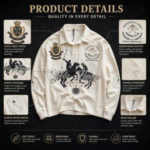 Polo de <span class=keywords><strong>Manga</strong></span> <span class=keywords><strong>Larga</strong></span> para <span class=keywords><strong>Hombre</strong></span>, Algodón Grueso, Estilo Vintage Ecuestre, Bordado, Desgastado, Streetwear, Logotipo Personalizado, Venta al Por Mayor - Product Image 4
