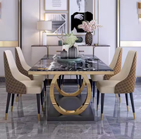 Table à Manger Moderne de Luxe en Marbre Ensemble 6 Chaises avec Plateau en Pierre Frittée Base en Acier Inoxydable Doré pour Bar Salle à Manger Meuble