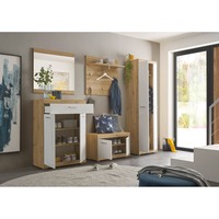 Meuble d'entrée moderne en chêne blanc, arbre d'entrée, ensemble de 5 pièces très brillant avec étagère à chaussures artisanale, banc, miroir, rangement durable