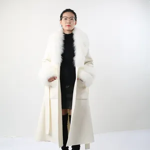 Женское длинное кашемировое пальто с воротником из лисьего меха