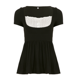 Blusa con lazo frontal para mujer, estilo coreano, informal, de manga corta, con efecto de dos piezas y aspecto superpuesto. - Product Image 6