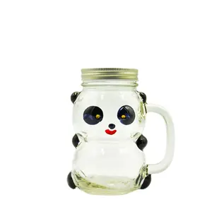 Jarra en forma de oso Panda para beber, vaso de vidrio con tapa de Metal, paja para leche helada, té, café y bebida