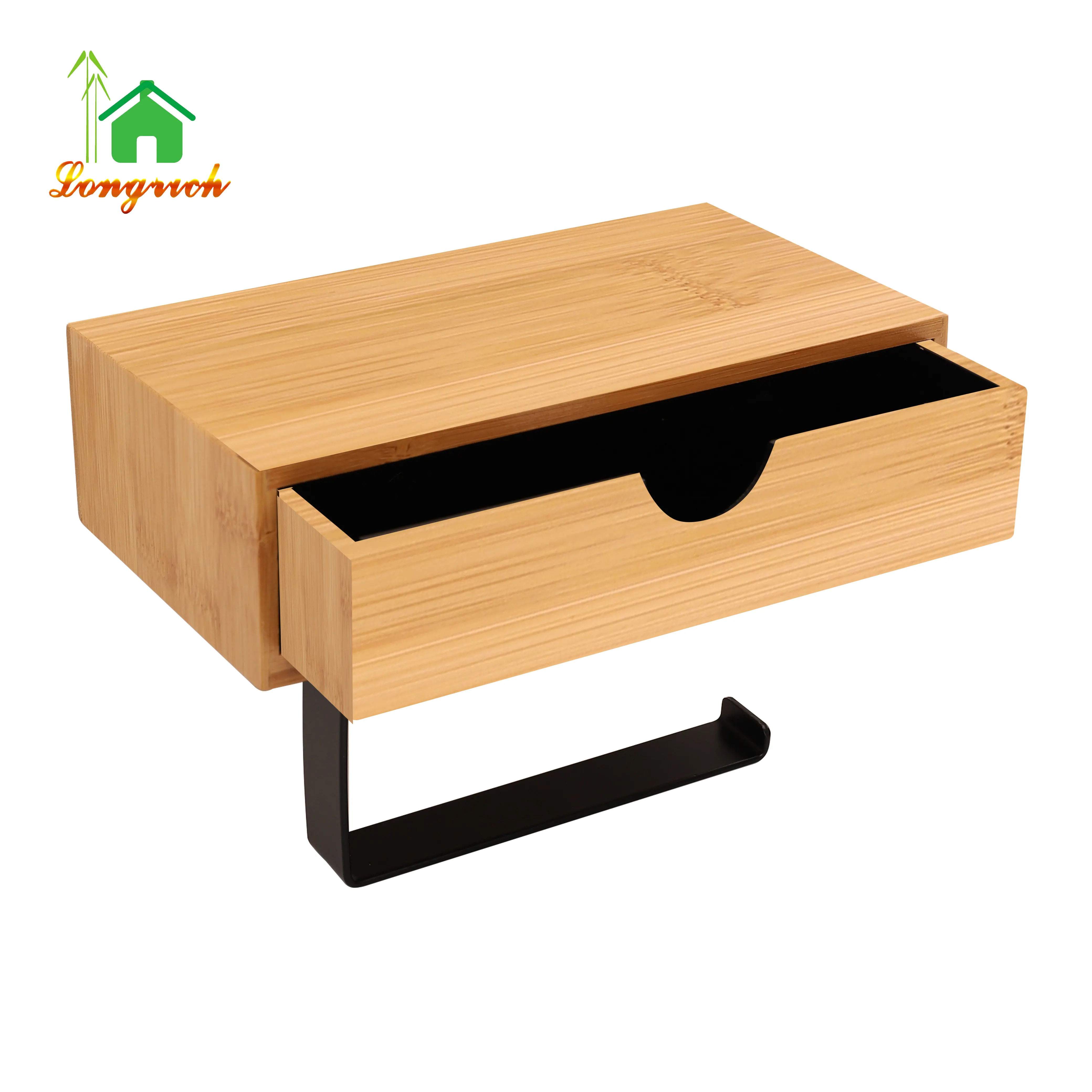 Wall Mount Bathroom bamboo tissue shelf tissue holder toilet paper holder with storage with slide-out drawer