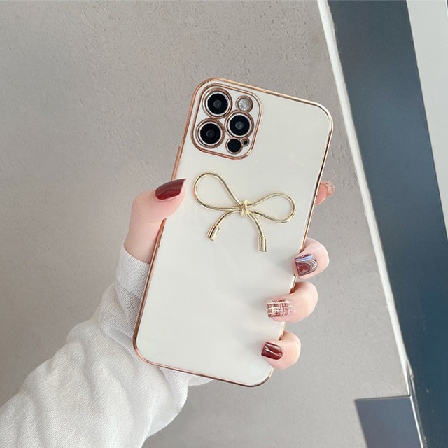 Tschick Korean Simple Bow Electroplated Case for iPhone 15 14 13 12 Pro Max 11 Aesthetic Shockproof Soft Cover Funda