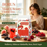 Sachets de thé OEM ODM Roselle, Mûre et Rose 150g (5x30 sachets) – Embellit la peau, nourrit l'apparence, améliore l'humeur – Infusion à l'eau chaude ou froide