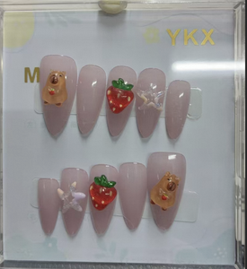 Unghie finte Ykx rosa fragola, stile stiletto, in resina, design carino, 10 pezzi per nail art. - Product Image 3