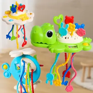 Mainan sensor Pop Up untuk bayi 1 tahun, mainan perjalanan tali tarik silikon kelas makanan dinosaurus, mainan Montessori dengan mainan untuk balita