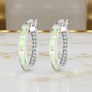 Orecchini a Cerchio in Argento 925 Placcato Rodio Bianco con Opale Incastonato e Accenti di Diamanti per Donna, Gioielli Classici per Uso Quotidiano - Product Image 2