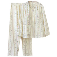 Pyjama en coton lavé fin pour femme, col en V, taille élastique respirante, manches longues, longueur intégrale, en crêpe double épaisseur