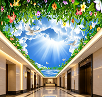 Papier peint 3D pour plafond, ciel bleu, nuages blancs, fleurs, murale personnalisée, lumière du soleil naturelle, pour la décoration des plafonds des hôtels et des centres commerciaux