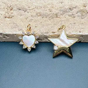 18K berlapis emas alami putih ibu kerang jimat bertatahkan zirkon mengkilap DIY Bintang Hati aksesoris untuk membuat perhiasan buatan rumah