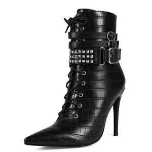 Women Stiletto Thin Heels Short Boots Big Size 47 Front Lace up Rivets Shoes Dress Wide Fit Belt Buckles Ankle <b>Booties</b> - Product Image 6