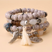 Nouveau bracelet en cristal bohème multicouche en alliage de feuilles avec pompon turquoise