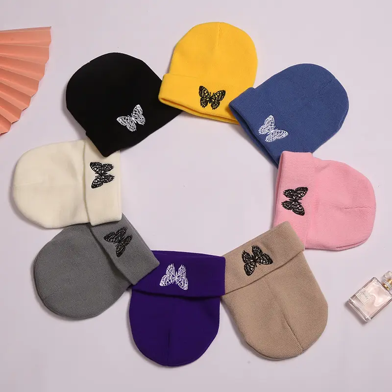 Bonnet tricoté à la mode pour femme et homme, tricot, papillon, Logo personnalisé, broderie, crâne, chaud, Hip Hop, hiver, vente en gros