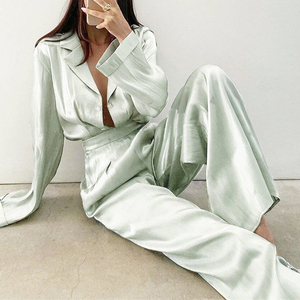 Expédition rapide 2020 Vert Cranté Blouse À Manches Longues À Col <span class=keywords><strong>Ample</strong></span> Dames <span class=keywords><strong>Pantalon</strong></span> 2 Pièces Costume Deux Pièces ensembles - Product Image 2