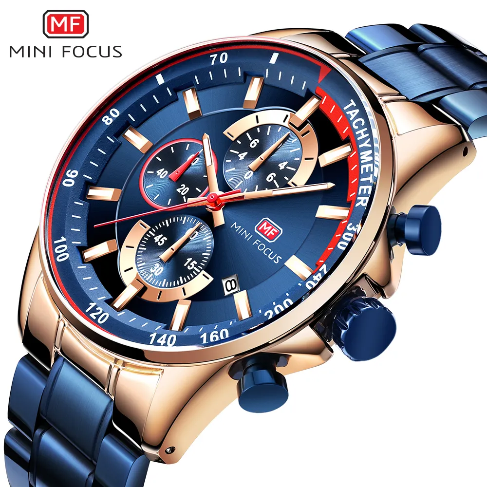 MINI FOCUS MF0218G Storage creative Analog Watch 3 dial Chronograph Stainless Steel Strap king formal high quality watch for men