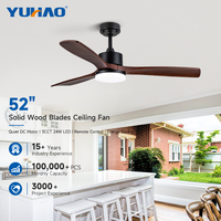 Ventilateur de plafond LED intelligent personnalisé en bois massif à 3 pales, moteur BLDC silencieux, 52 pouces, pour bureau, salle de classe, salon