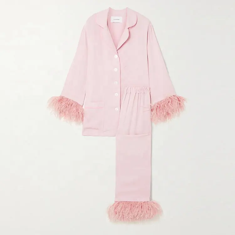 उच्च गुणवत्ता फैशन डिजाइन कस्टम शुतुरमुर्ग पंख पजामा सेट गुलाबी पंख पाजामा महिलाओं के लिए सेट