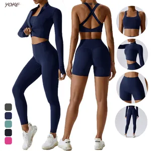 YOKE Factory Seamless Women Long Sleeve Yoga Set Sports Bra Leggings Workout Gym Fitness Plus Size Yoga Wear