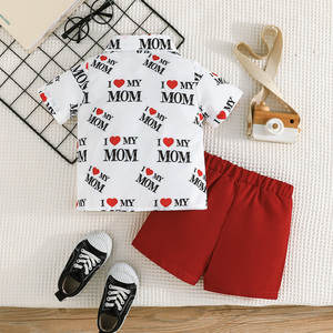 Conjunto Casual de Verano de Dos Piezas para Niños, Camiseta de Manga Corta con Estampado 'I Love My MOM' y Lazo Decorativo, Ropa para Bebés - Product Image 2