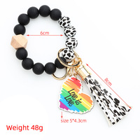 Bracelet porte-clés léopard par sublimation, personnalisable par transfert thermique, avec perles noires et roses et décoration cœur en acrylique