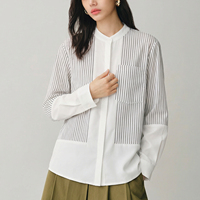 Chemisier rayé patchwork personnalisé OEM ODM pour femme, à rayures verticales, manches longues, patte de boutonnage dissimulée, poche poitrine, pour le bureau, vente en gros