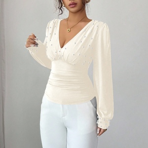 Nouveau T-shirt ajusté à manches longues pour femme, col en V, orné de perles, couleur unie, tendance - Product Image 2