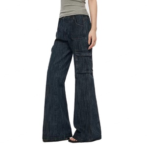 กางเกงยีนส์ทรงขาบานผ้าฝ้าย 100% ขายส่ง กางเกงทรงหลวมสำหรับผู้หญิง กางเกงคาร์โก้หลายกระเป๋า กางเกงยีนส์ผู้หญิง - Product Image 2