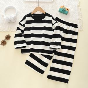 Conjunto de Ropa Casual de Algodón Estilo Coreano para Niños, Primavera-Otoño, Camiseta y Pantalones a Rayas Anchas Blancas y Negras, Importación Internacional - Product Image 1