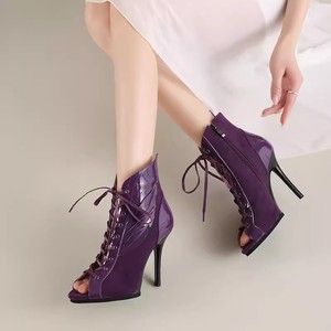 Chaussures de danse latine noires et bronzées à talons hauts pour femmes, bottes de tango en maille pour la danse de salon - Product Image 5