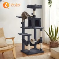 Arbre à chat moderne de luxe en bois massif, avec condo en peluche gris clair, poteaux à gratter, structure d'escalade à 2 niveaux, emballage en carton