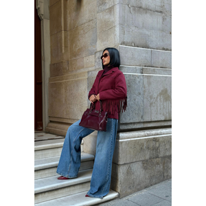 Veste en daim bordeaux à franges, vêtement d'extérieur softshell, cuir d'agneau, style bomber universitaire, produit d'automne, logo personnalisé, baseball - Product Image 2