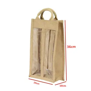 Custom With Logo Printing Clear Window Carrier Bottle Hessian Linen Hemp Gift Burlap Jute Tote Wine Bag
