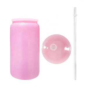 Vasos de Vidrio Sublimados en Color Plateado, Rosa, Morado, Azul y Verde de 16 Onzas con Tapa de Plástico y Pajita, Vasos con Forma de Lata de Cerveza con Brillo - Product Image 1
