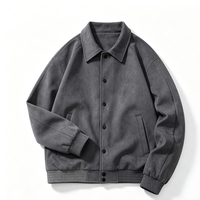 Blouson Bomber Homme en Daim Gris Foncé à Col Montant, Fermeture Éclair Avant, Coupe Ample, Manches Raglan, Style Urbain, Coupe-Vent, Automne, Patchwork