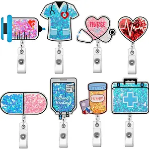 Glitter Acrylic Bead Nurse Accessories ID Card Name Holder Retractable Badge Reel Badge Holder with Swivel Clip