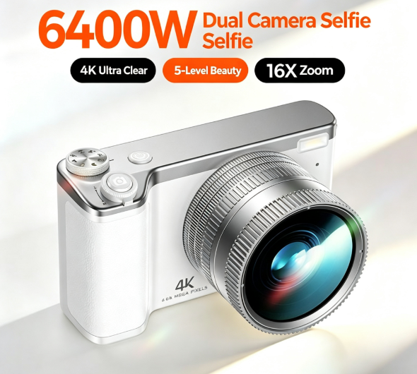 4K 64MP Dual Lens Selfie & Vlog Camera 16X Zoom Flip Screen Wide Angle Macro Lens Portable Student CCD