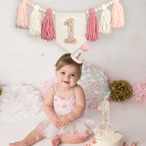 ピンク生地1歳の誕生日パーティーデコレーションセット赤ちゃん用ハイチェアーバナー誕生日帽子ケーキトッパー付き