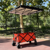 Chariot de vente mobile pliant à quatre roues avec auvent relevable et plateau métallique, pour camping et shopping