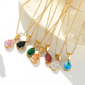 Wholesale Custom Gold Plated Stainless Steel Jewelry Teardrop Diamond CZ Zircon Stone Charm Pendant Necklace