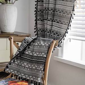 Tenda Alta Personalizzabile BUBABA in Stile Bohémien, Jacquard Geometrico Bianco e Nero con Nappine Nere, Oscurante - Product Image 3