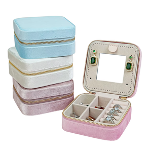 Portable Velvet Jewelry <b>Box</b> with Zipper Closure Square Shape for Jewellery Storage in Pink White Blue Colors - Product Image 1