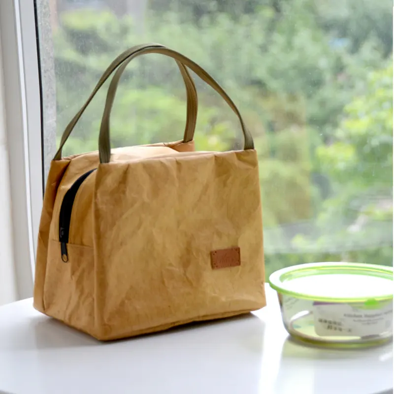Moda eko özel dupont öğle yemeği kağıt çanta yıkanmış kraft tyvek kağıt çanta su geçirmez saplı alışveriş gıda çantası